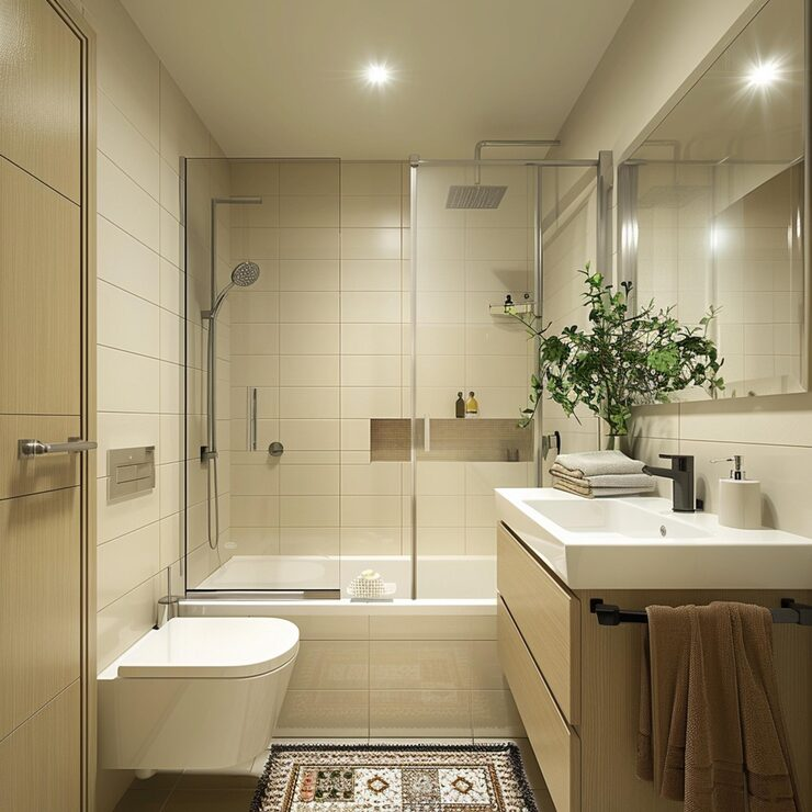 Luxury custom walk-in closet design with dark wood grain, integrated LED lighting, and striking orange accent shelves for clothes and shoe storage.