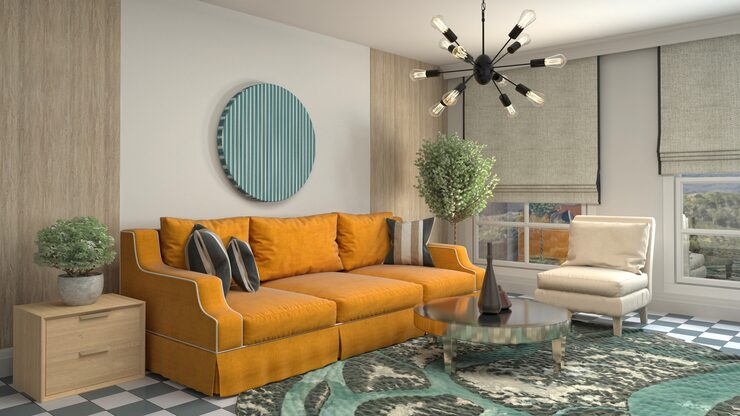 Worker installing wooden laminate flooring while kneeling on the floor in a modern room.