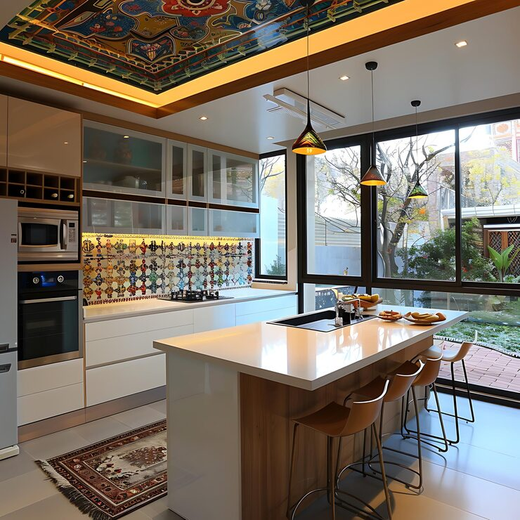 Worker installing wooden laminate flooring while kneeling on the floor in a modern room.