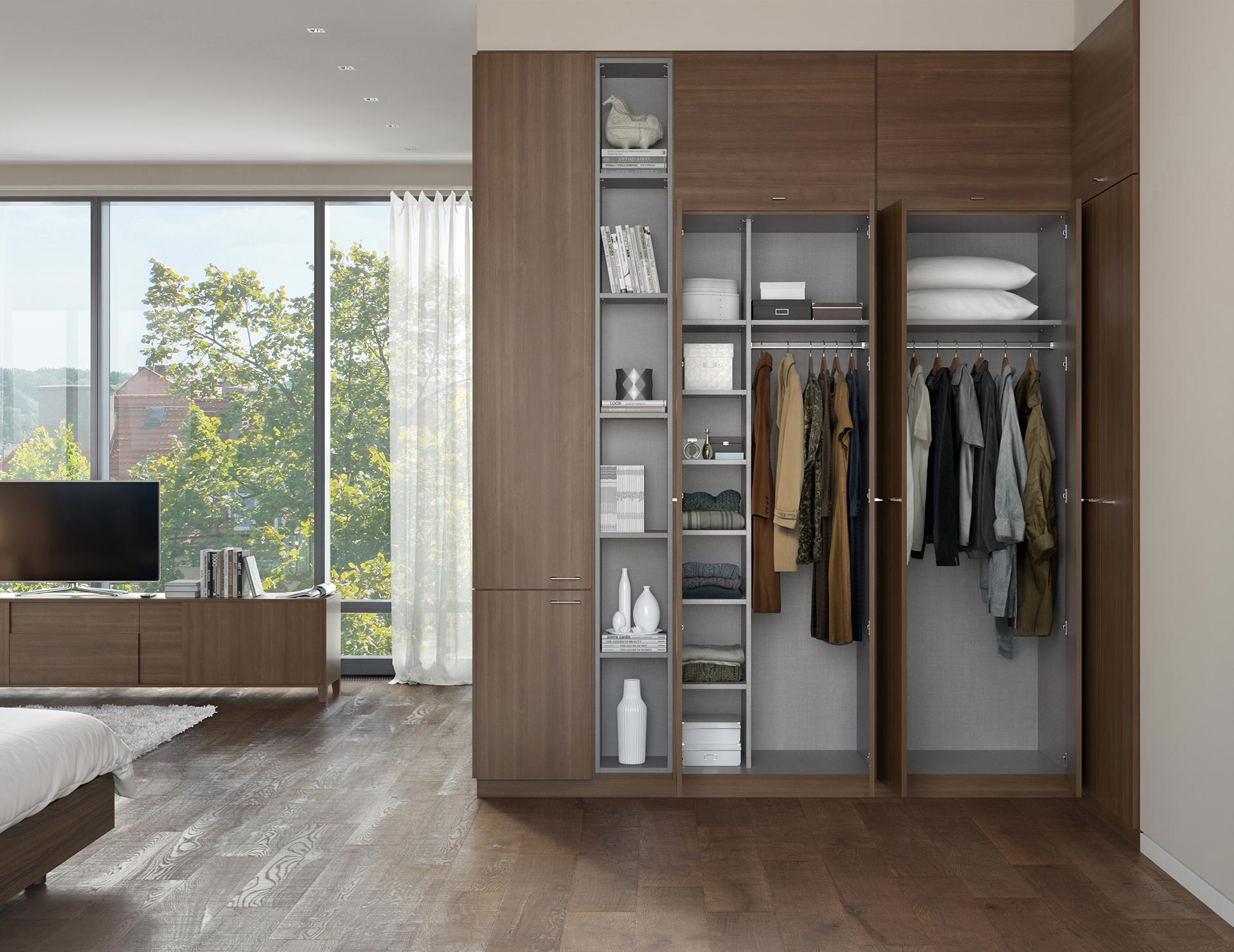 Modern bedroom with an open wooden wardrobe displaying neatly arranged clothes, shelves with folded items and decor pieces, and
large windows letting in natural light.