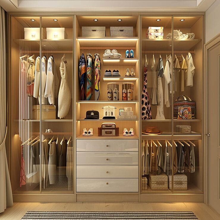 Luxurious modern wardrobe with glass doors, LED lighting, and organized shelves displaying clothes, shoes, accessories, and storage boxes in
an elegant bedroom setting.