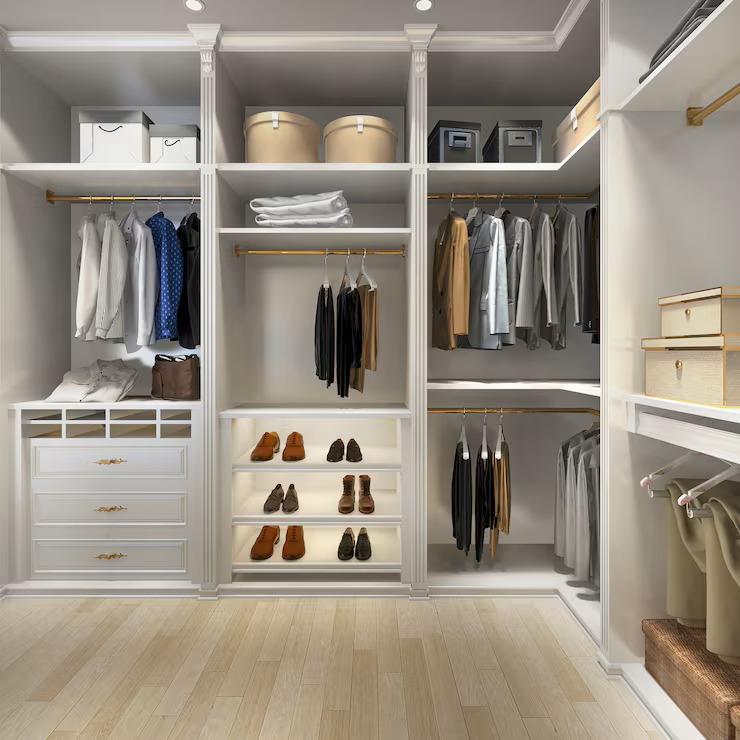 Elegant modern walk-in wardrobe with open shelving, hanging rods, and organized storage for clothes, shoes, and accessories, featuring soft
lighting and a light wood floor.