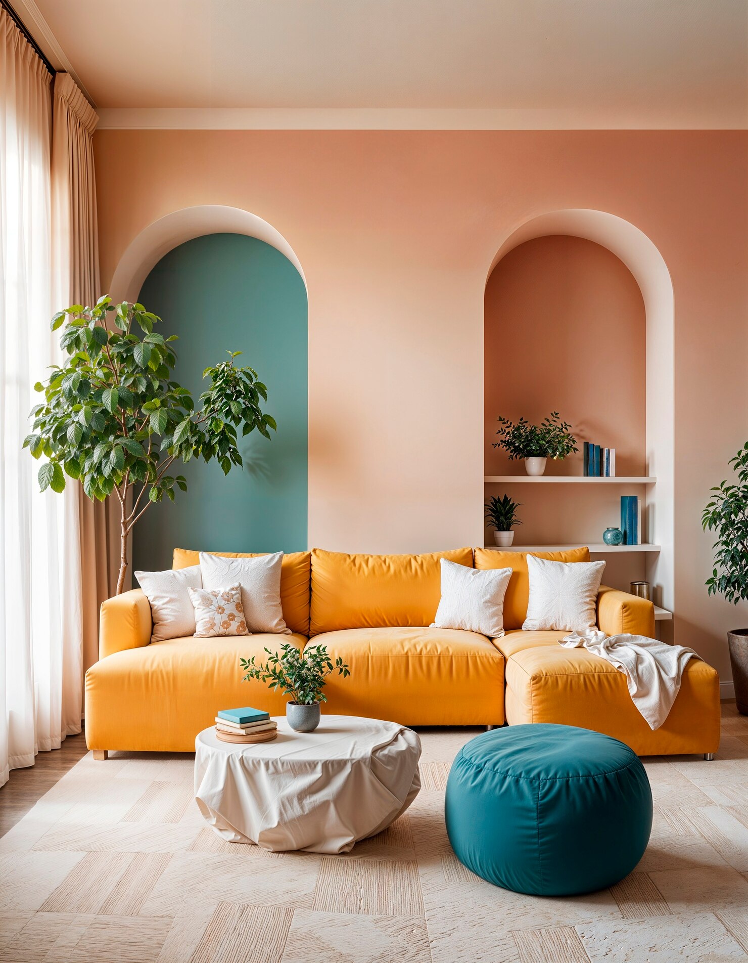 Modern living room with a
bright yellow sofa, teal ottoman, round coffee table, and indoor plants against peach and teal accent walls.