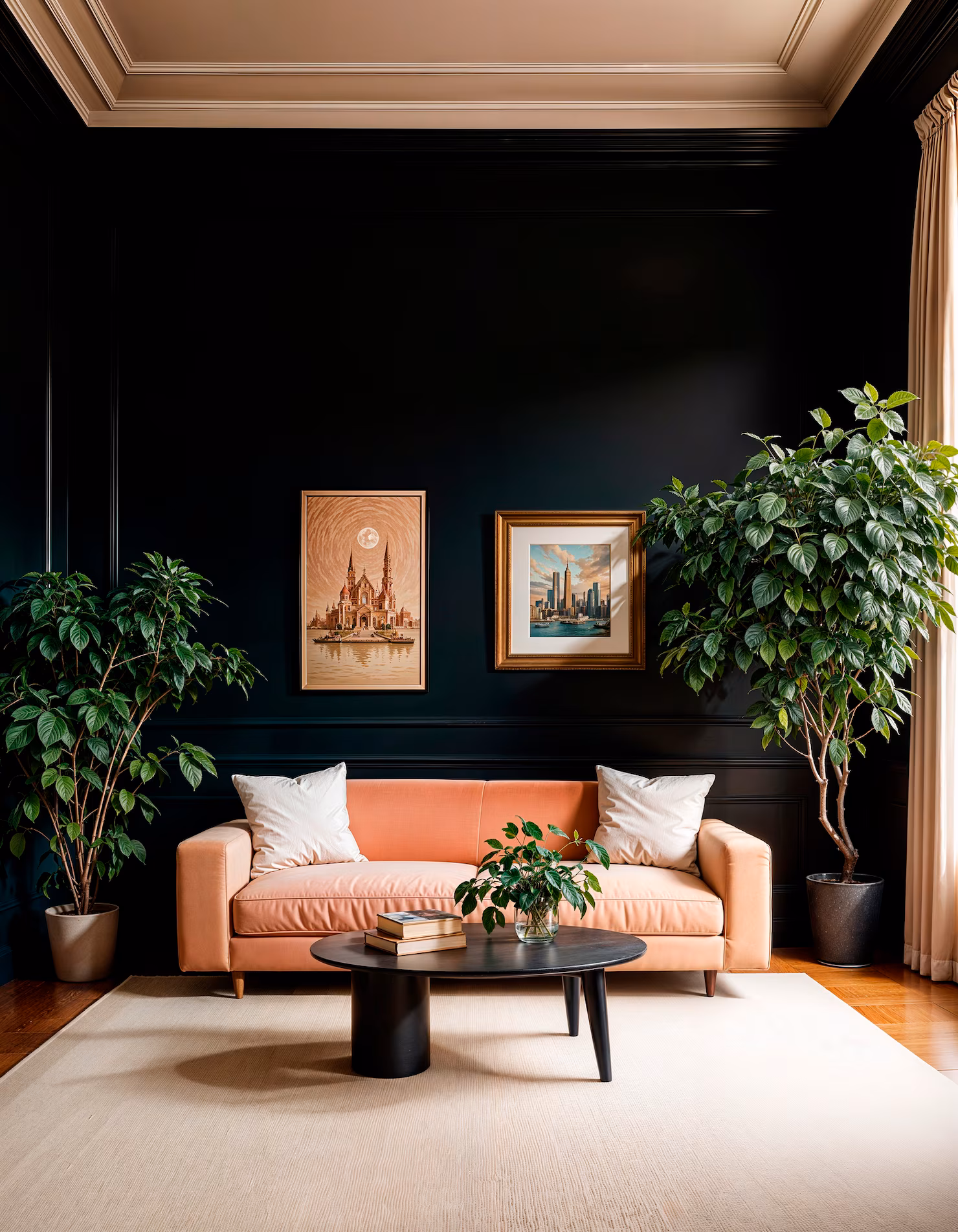 A stylish living room with dark walls, a peach sofa, two framed artworks, large potted plants, and a black coffee table on a light rug.