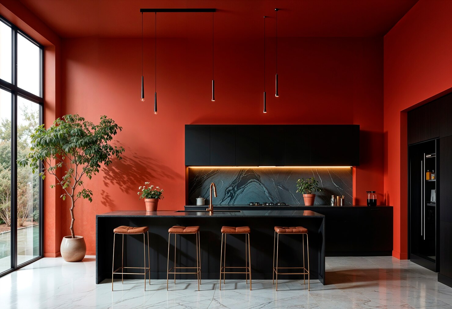 Modern kitchen with bold red walls, black cabinetry, a large island with bar stools, hanging pendant lights, and potted plants near a tall window.