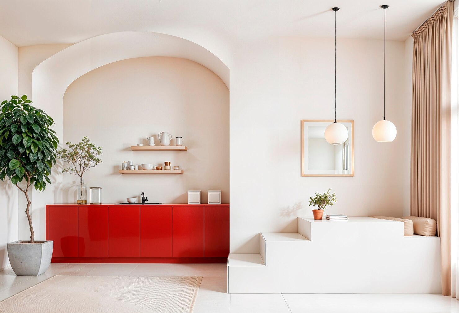 Bright minimalist kitchen and seating nook with red cabinets, open wooden shelves, white walls, pendant lights, and potted plants.