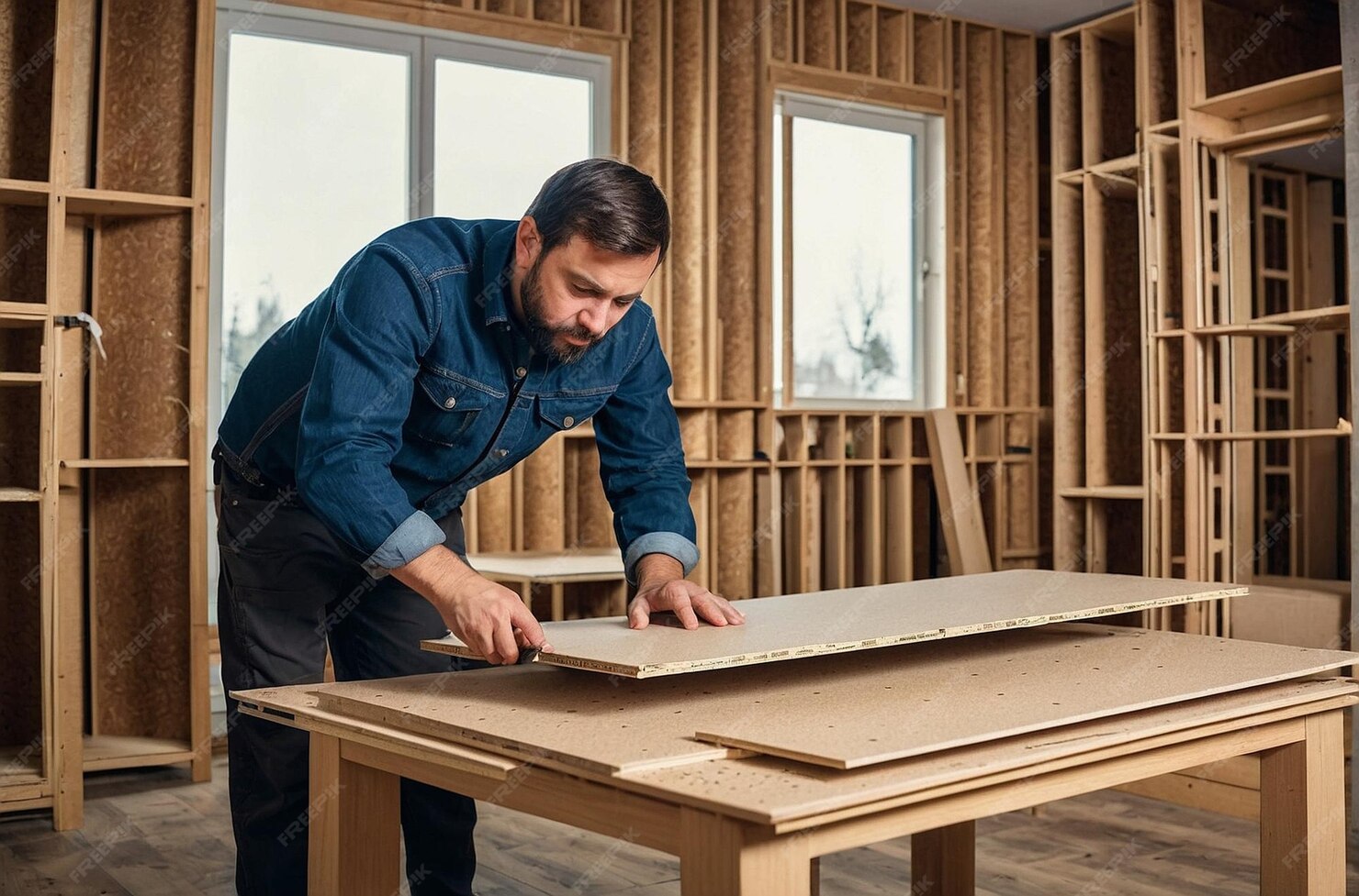 Carpenter cutting a wooden board on a workbench inside a partially constructed room with wooden framing.