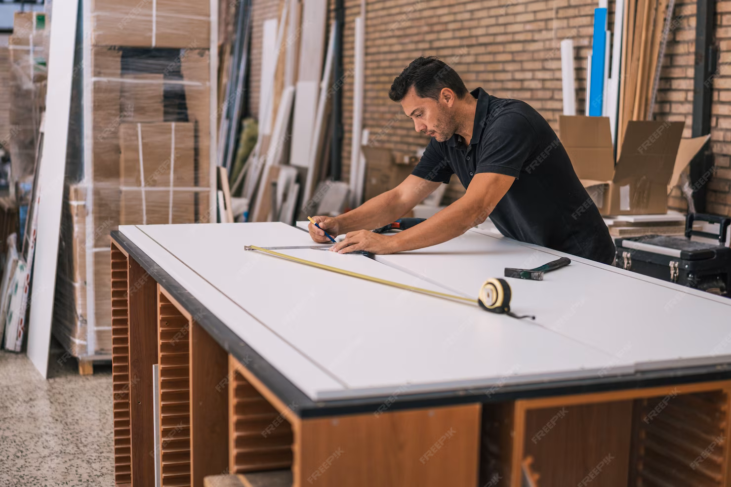 Carpenter measuring and marking a large white wooden board in a workshop with tools and materials around.