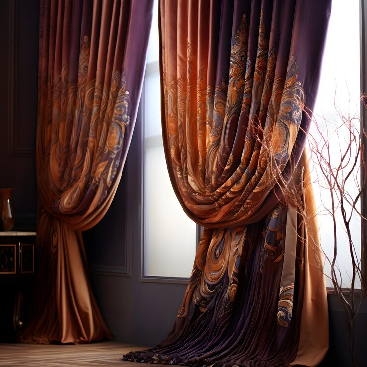 Elegant patterned curtains in rich shades of purple and gold draped over a large window in a softly lit room.