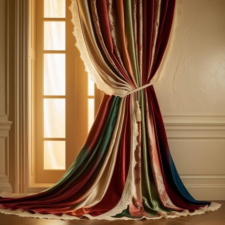 Luxurious multicolored velvet curtains with lace trim draped elegantly beside a sunlit window in a classic interior setting.