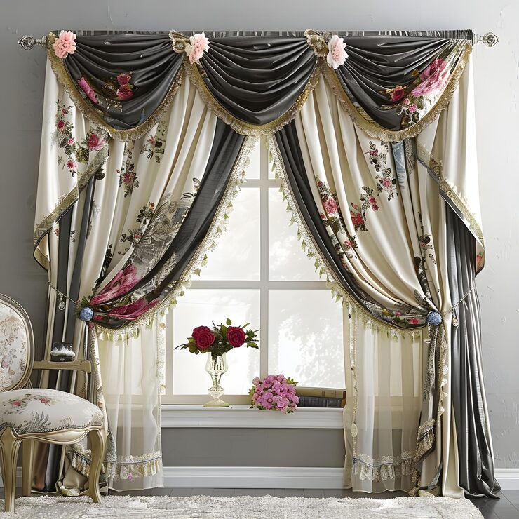 Elegant floral-patterned curtains in cream and gray tones with draped valances, gold trim, and decorative flowers, framing a window with
a vase of red roses on the sill.
