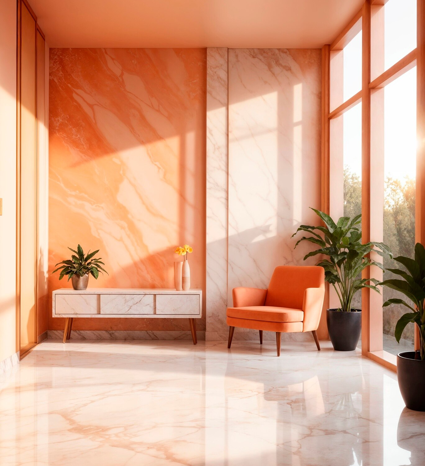 Modern living room interior with warm peach and white marble walls, an orange armchair, indoor green plants, and large windows allowing
natural sunlight to fill the space.