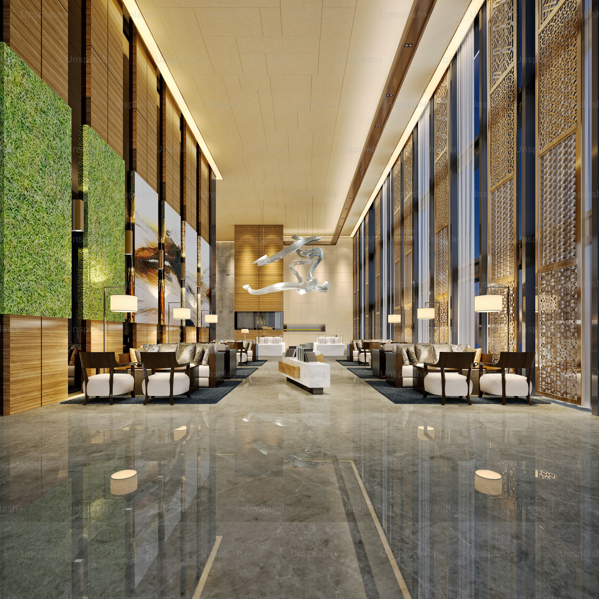 Modern luxury hotel lobby with marble floors, tall glass windows, elegant seating, and a metallic sculpture.